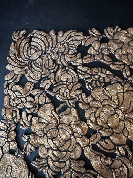 Chinese Embroidery. Black and Gold. Forbidden. Gold Couching. 9 1/2" H x 16" W