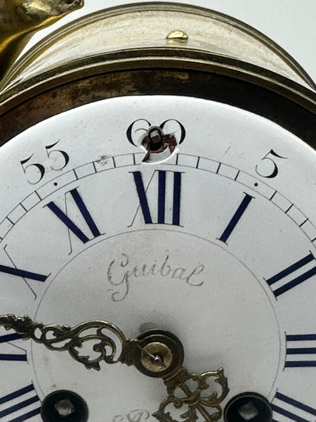 French Mantle Clock Guibel Paris 19th Century. Gilded Bronze Cherub Playing Drum
