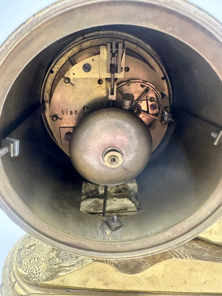 French Mantle Clock Guibel Paris 19th Century. Gilded Bronze Cherub Playing Drum