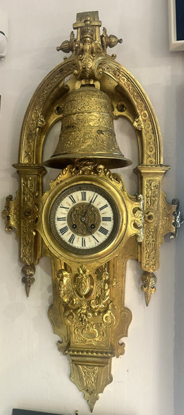 Large French Cartel Wall Clock. Gilt Bronze Case. Enamel Dial. 19th C. 36" H