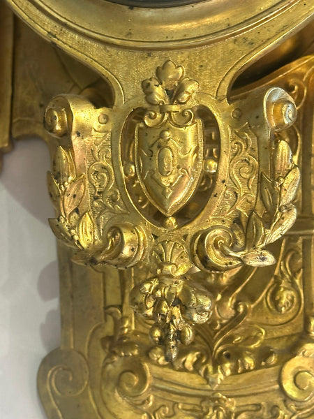 Large French Cartel Wall Clock. Gilt Bronze Case. Enamel Dial. 19th C. 36" H