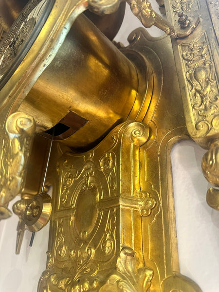 Large French Cartel Wall Clock. Gilt Bronze Case. Enamel Dial. 19th C. 36" H