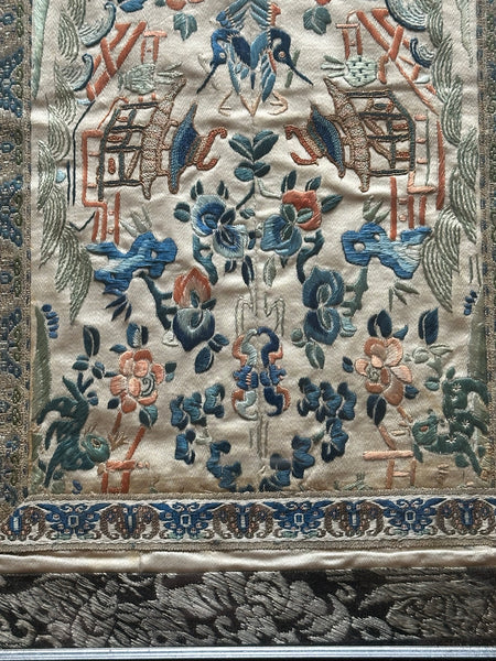 Chinese Embroidery. Pair Sleeves Framed with Border. Qing. Overall 10 3/4" x 14"