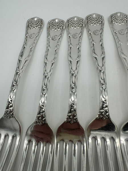 12 Forks 6 Knives. Tiffany & Co. Sterling Silver Wave Edge. C Monogram.