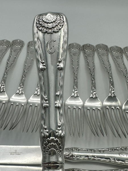 12 Forks 6 Knives. Tiffany & Co. Sterling Silver Wave Edge. C Monogram.