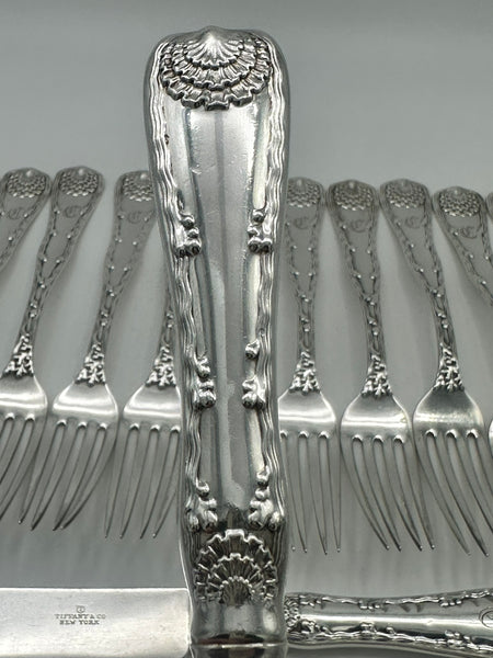 12 Forks 6 Knives. Tiffany & Co. Sterling Silver Wave Edge. C Monogram.