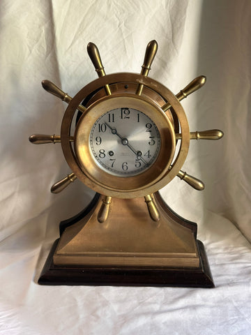 Chelsea Ship's Bell Ship Wheel Clock. Silvered Dial. 14" Height Total