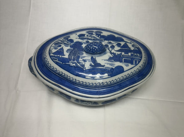 Warming Dish with Liner. Chinese Canton Blue and White Porcelain. 19th Century