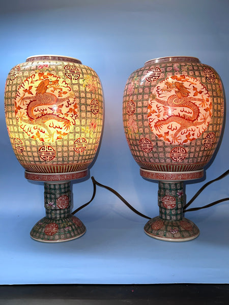 Two Chinese Porcelain Lamps Red Dragon Motif. Republic Period Early 20th Century