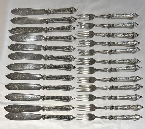 German 800 Silver Fish Service for Twelve. Engraved Blades. M.H. Wilkers & Sohne