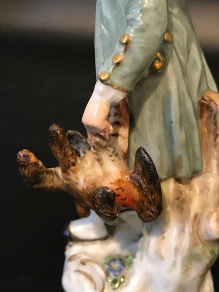 German Meissen Figurine of a Man with Basket of Eggs and Two Birds. 19th C As Is