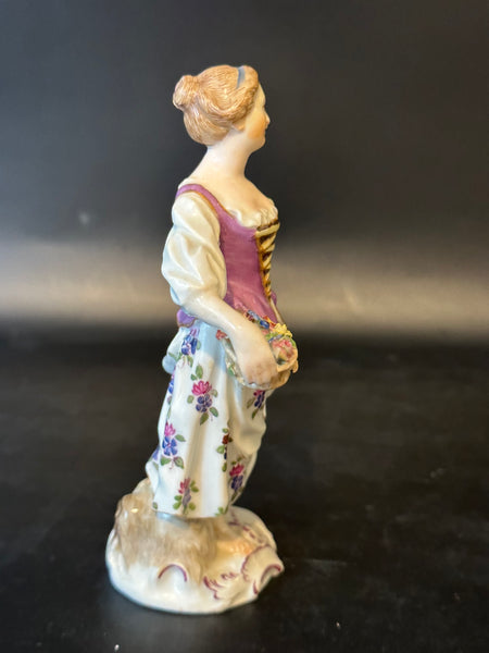 German Meissen Porcelain Figurine of Lady with Basket of Flowers. 5 1/4"