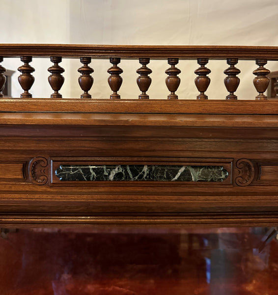 Curio Vitrine Cabinet. Walnut Wood Marble Insets. 19th Century