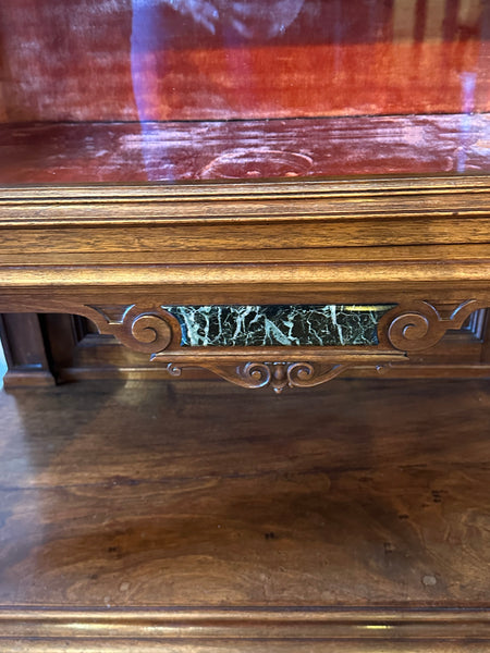 Curio Vitrine Cabinet. Walnut Wood Marble Insets. 19th Century