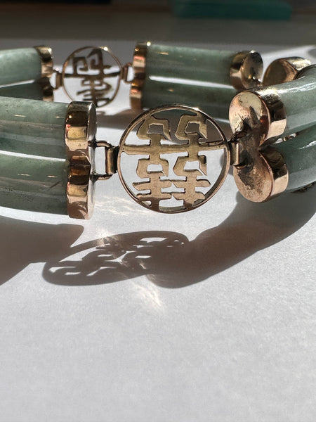 Vintage Chinese Jadeite and 14k Gold Character Bracelet.