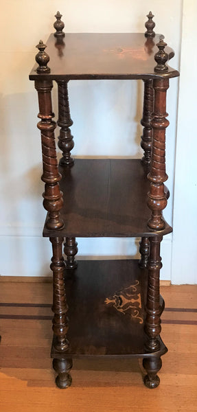 Three Shelf Victorian Etegere. Dark Walnut Inlaid with Satinwood. Circa 1900
