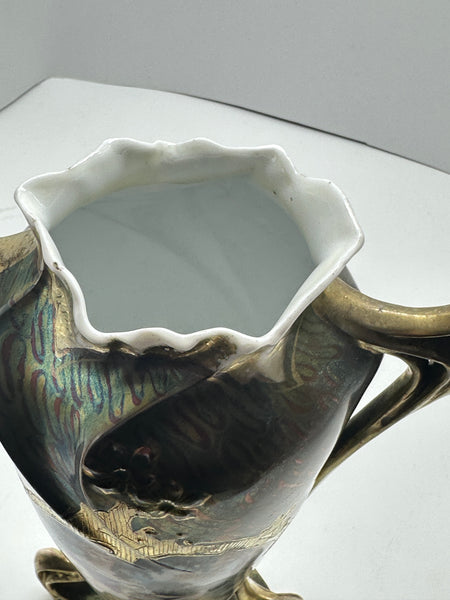 Art Nouveau Royal Vienna Vase. Portrait of Woman. Green and Gold Ground. 9"
