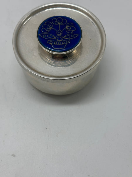 Circular Box. Old Newbury Crafters Sterling with Cloisonne-Style Enamel Top.