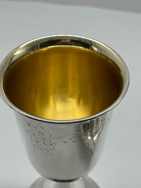 Kiddush Cup Goblet by Grand Sterling. Engraved Hebrew and Floral Motif. 6 1/4"