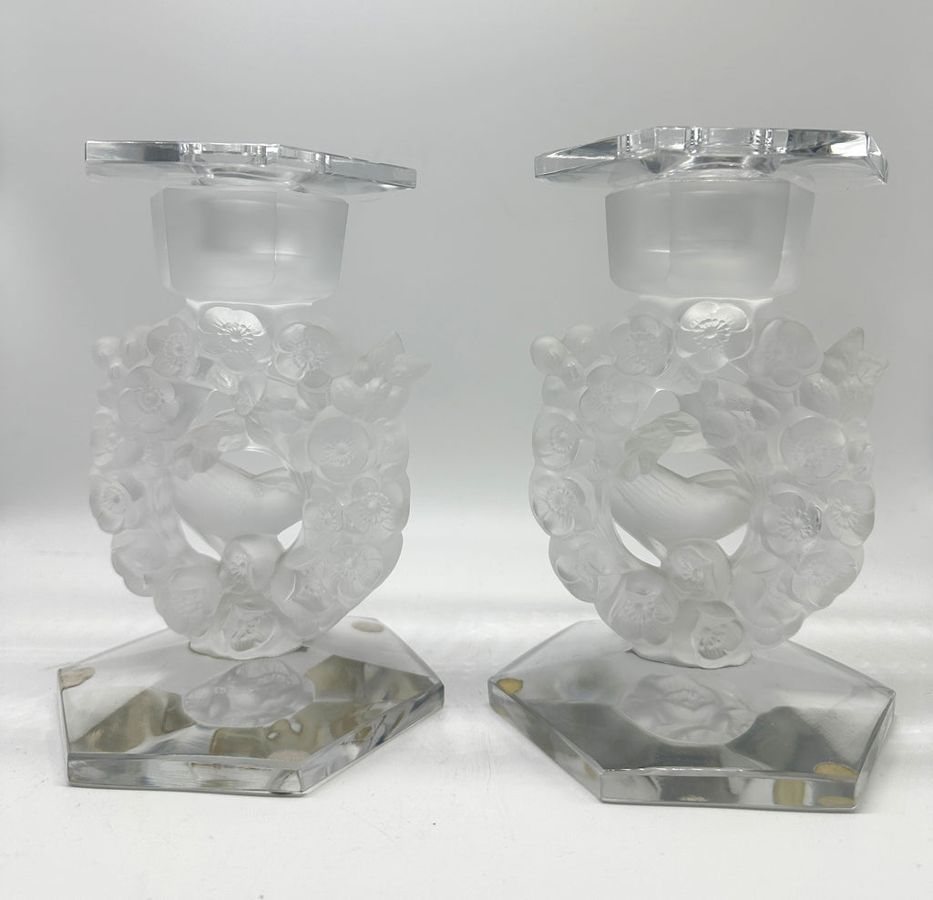 Pair Candlesticks. French Glass. Mesanges Pattern. Clear and Frosted. 7"