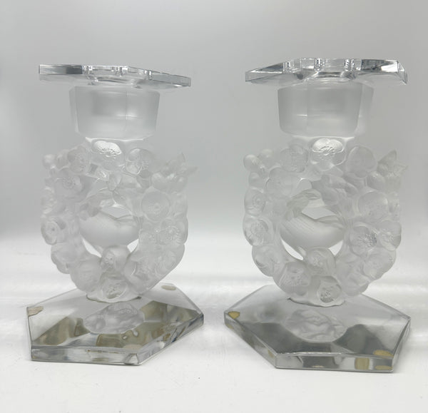 Pair Candlesticks. French Glass. Mesanges Pattern. Clear and Frosted. 7"
