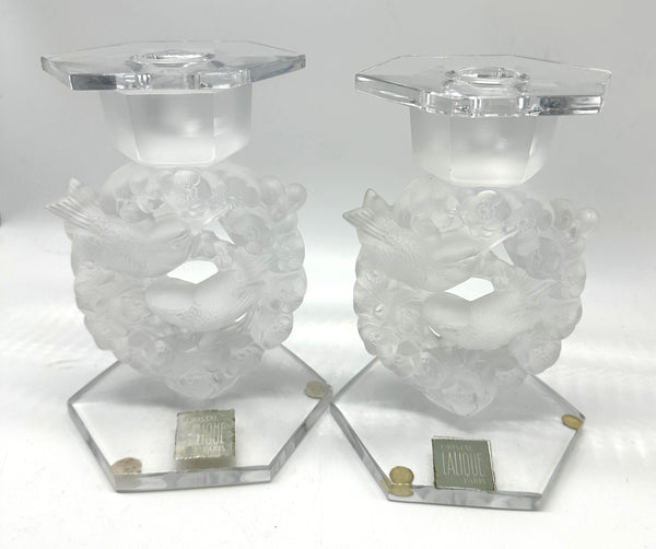 Pair Candlesticks. French Glass. Mesanges Pattern. Clear and Frosted. 7"