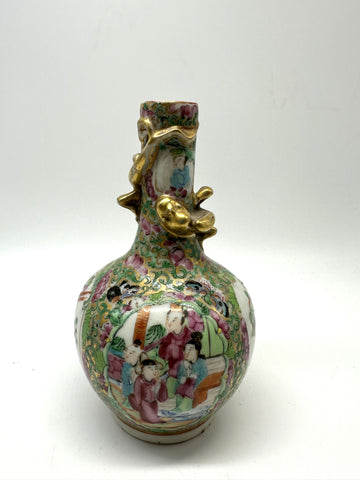 Vase. Chinese Porcelain Rose Medallion. Dragon on Neck. 5 3/4" H. Qing 19th Cent