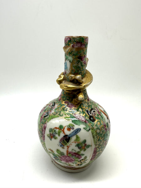 Vase. Chinese Porcelain Rose Medallion. Dragon on Neck. 5 3/4" H. Qing 19th Cent