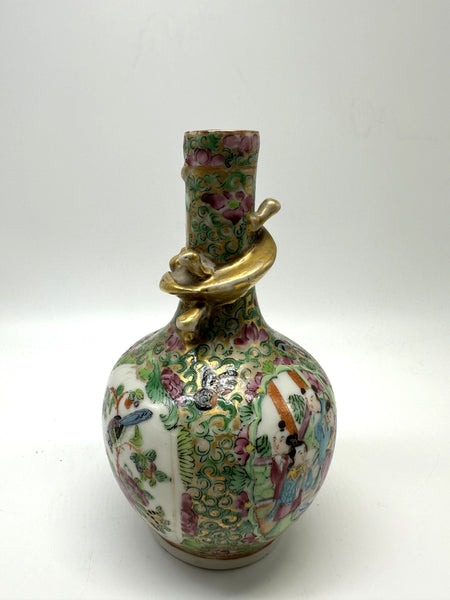 Vase. Chinese Porcelain Rose Medallion. Dragon on Neck. 5 3/4" H. Qing 19th Cent