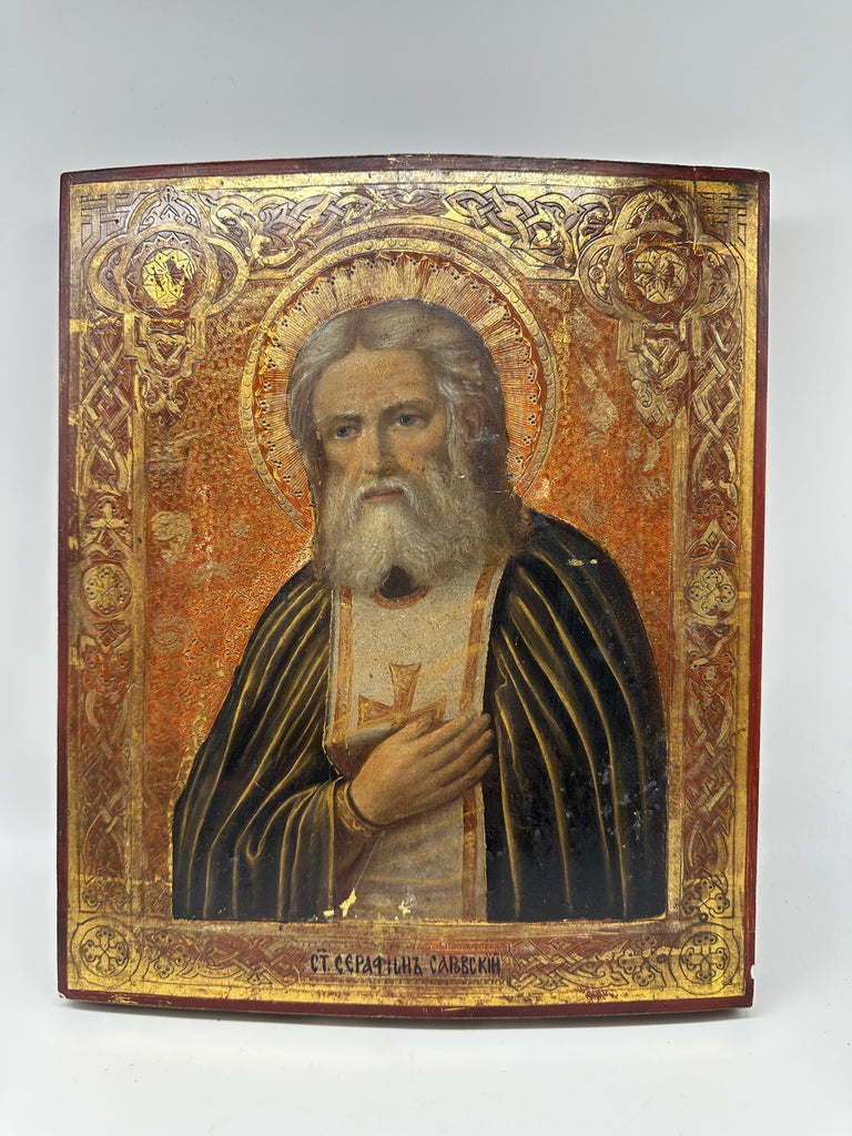 Russian Icon. Painted on Wood Panel. St. Seraphim. Ornate Border. 19th Century