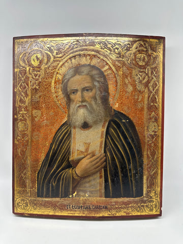 Russian Icon. Painted on Wood Panel. St. Seraphim. Ornate Border. 19th Century
