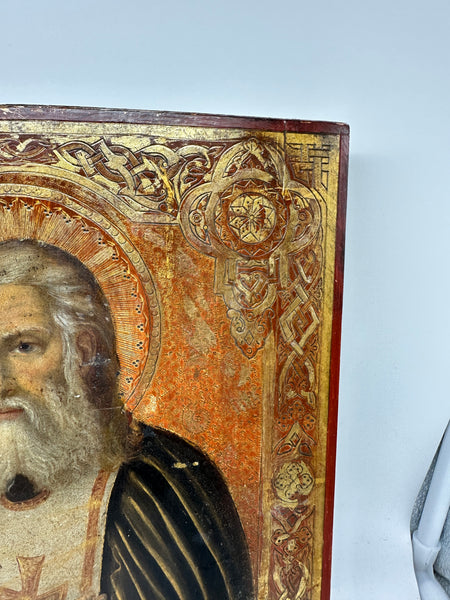 Russian Icon. Painted on Wood Panel. St. Seraphim. Ornate Border. 19th Century