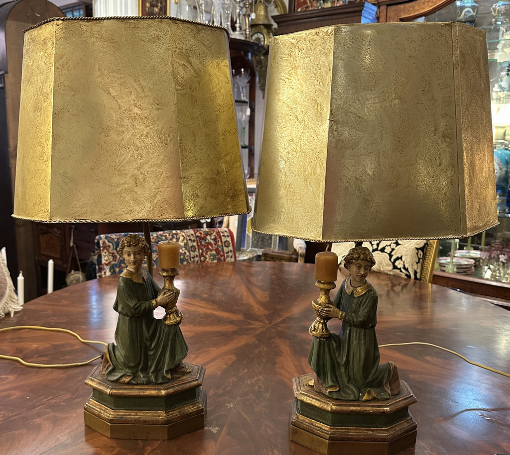 Pair Lamps. Italian Carved Wood and Gesso Angel Figures. 18th Century. 25" H