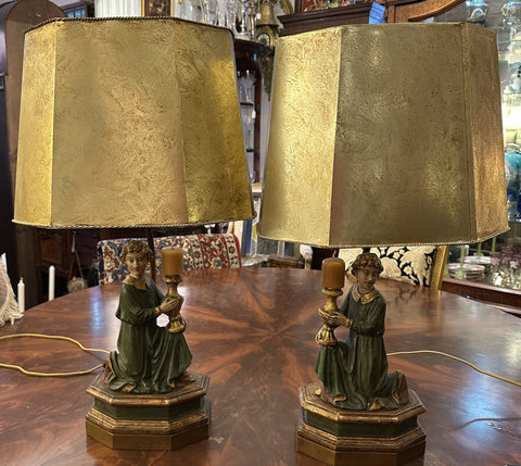 Pair Lamps. Italian Carved Wood and Gesso Angel Figures. 18th Century. 25" H