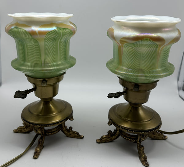 Pair Small Lamps. Gilt Metal Bases with Dolphin Feet. Quetzal Glass Shades 9"