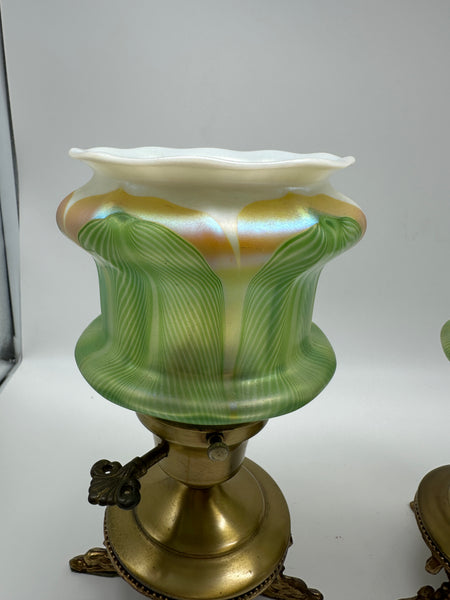 Pair Small Lamps. Gilt Metal Bases with Dolphin Feet. Quetzal Glass Shades 9"