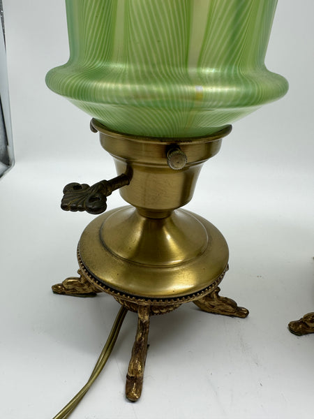 Pair Small Lamps. Gilt Metal Bases with Dolphin Feet. Quetzal Glass Shades 9"