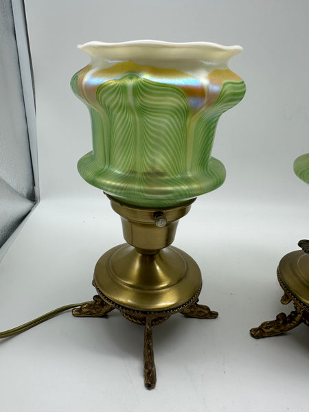Pair Small Lamps. Gilt Metal Bases with Dolphin Feet. Quetzal Glass Shades 9"