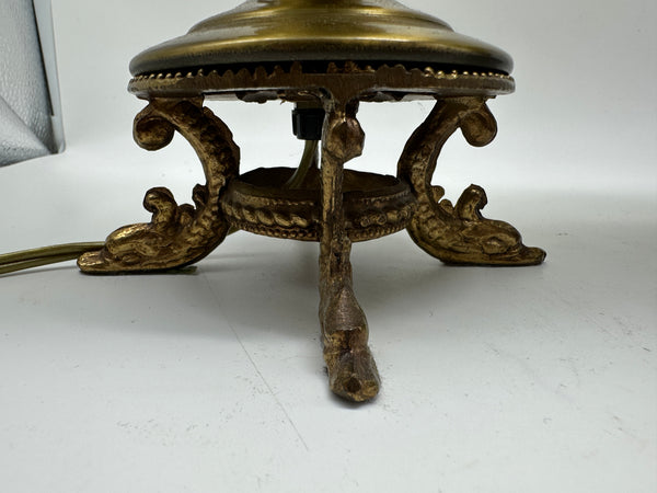 Pair Small Lamps. Gilt Metal Bases with Dolphin Feet. Quetzal Glass Shades 9"