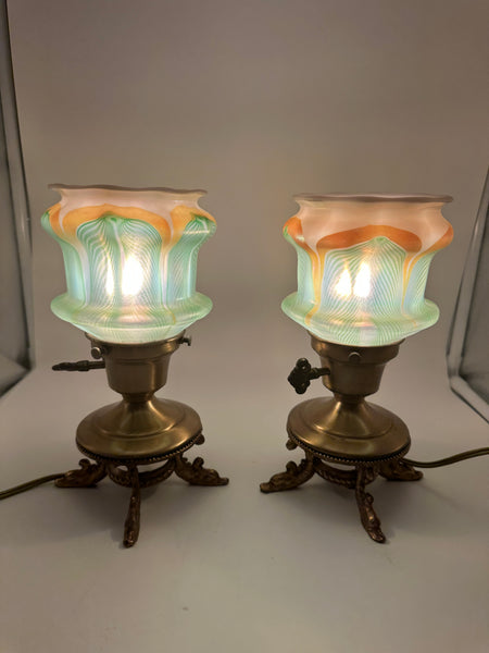 Pair Small Lamps. Gilt Metal Bases with Dolphin Feet. Quetzal Glass Shades 9"
