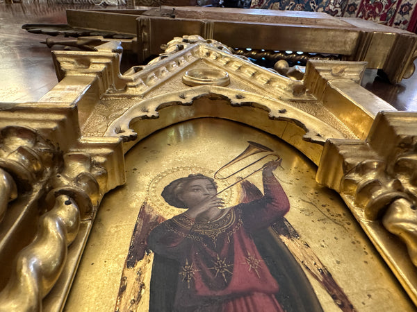 Pair of Painted and Gilded Angel Icons in Ornate Frames. Circa 1890. 22" H.