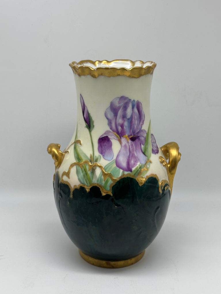 French Porcelain Vase. Purple Iris Flowers. H & Co. Limoges. Circa 1880. 8 3/4"