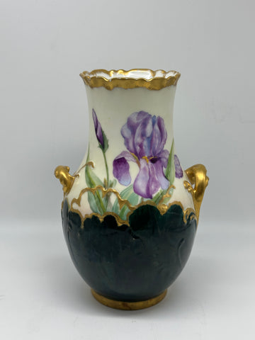 French Porcelain Vase. Purple Iris Flowers. H & Co. Limoges. Circa 1880. 8 3/4"