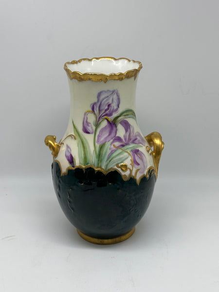 French Porcelain Vase. Purple Iris Flowers. H & Co. Limoges. Circa 1880. 8 3/4"