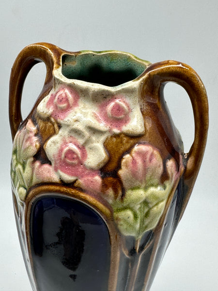 Majolica Vase Handles. Art Nouveau. Brown and Green. Early 20th Century. 10 3/4"