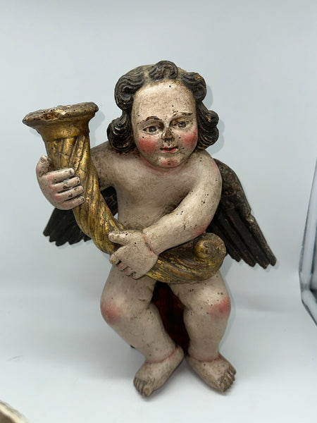 Pair Candle Holder Putti Angels. European 18th Century. Carved Polychrome Wood.