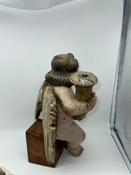 Pair Candle Holder Putti Angels. European 18th Century. Carved Polychrome Wood.