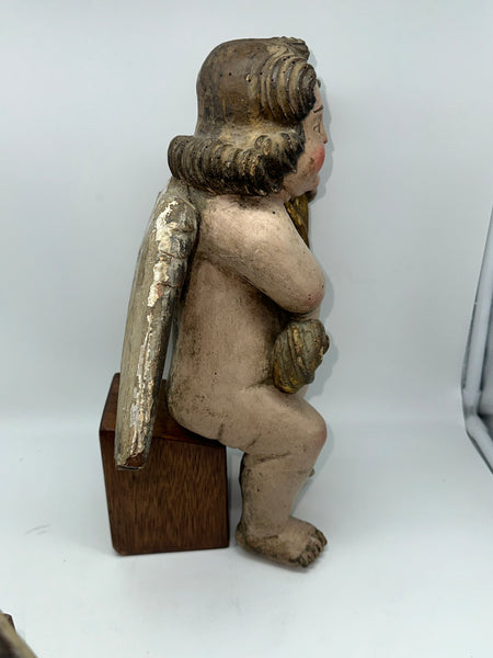 Pair Candle Holder Putti Angels. European 18th Century. Carved Polychrome Wood.