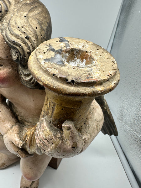 Pair Candle Holder Putti Angels. European 18th Century. Carved Polychrome Wood.