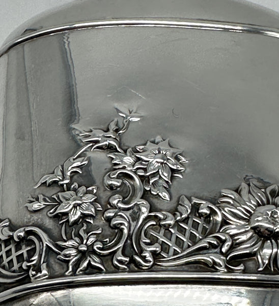 Vintage Silverplate Flask. Sunflower Garden Scene. Telescoping Shot Glass Lid.